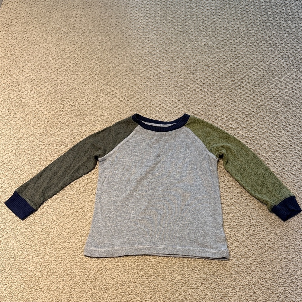 Rumi+Ryder boys gray longsleeve sweater with Navy and Olive Sleeves